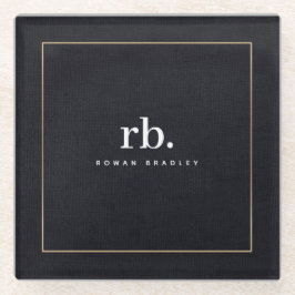 Black White Gold Fabric Effect Elegant Monogram ガラスコースター