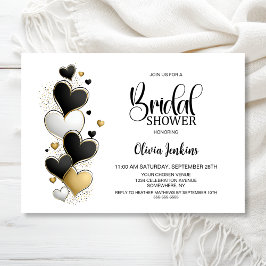 Black White Gold Hearts Bridal Shower 招待状