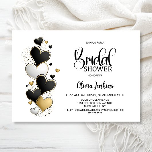 Black White Gold Hearts Bridal Shower 招待状