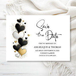 Black White Gold Hearts Wedding Save the Date セーブザデート