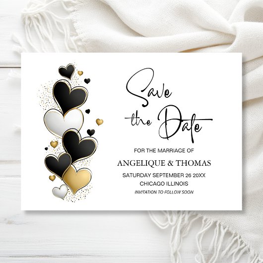 Black White Gold Hearts Wedding Save the Date セーブザデート