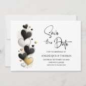 Black White Gold Hearts Wedding Save the Date セーブザデート (正面)