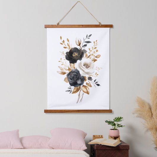 Black White Gold Watercolor Florals 吊り下げ型タペストリー (寝室)