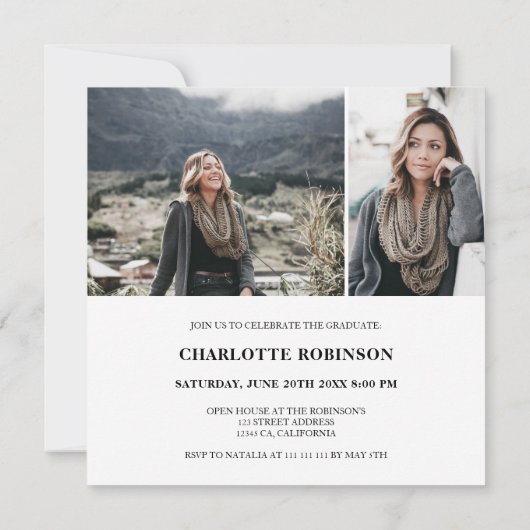 Black white graduate script photo graduation 招待状 (裏面)