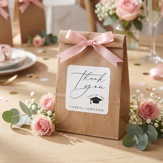 Black White Graduation Cap Thank You スクエアシール