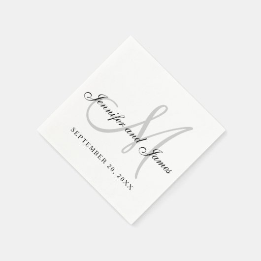 Black White Grey Monogram Elegant Script Wedding スタンダードカクテルナプキン (角)