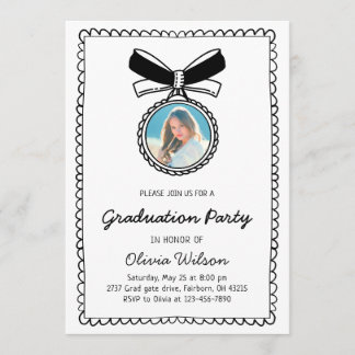 Black & White Hand Drawn Bow Graduation Party 招待状