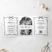 Black & White Hand Drawn Bow QR Code Photo Wedding 三つ折り招待状 (内部)
