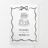 Black & White Hand Drawn Bow QR Code Photo Wedding 三つ折り招待状 (カバー)