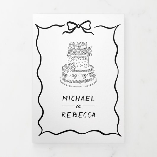 Black & White Hand Drawn Bow QR Code Photo Wedding 三つ折り招待状 (カバー)