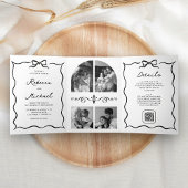 Black & White Hand Drawn Bow QR Code Photo Wedding 三つ折り招待状