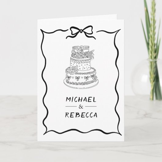 Black & White Hand Drawn Bow QR Code Photo Wedding 招待状 (正面)