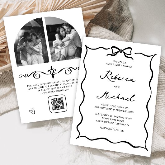 Black & White Hand Drawn Bow QR Code Photo Wedding 招待状