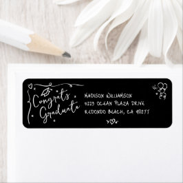 Black White Hand Drawn Doodle Graduation Address ラベル