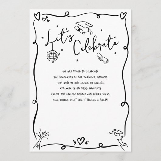Black White Hand Drawn Doodle Style Graduate Photo 案内状 (裏面)