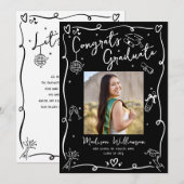 Black White Hand Drawn Doodle Style Graduate Photo 案内状 (正面/裏面)