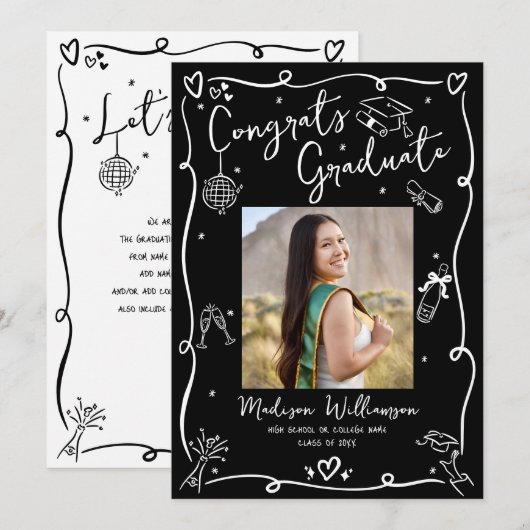 Black White Hand Drawn Doodle Style Graduate Photo 案内状 (正面/裏面)