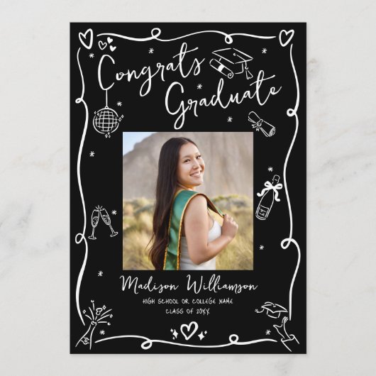 Black White Hand Drawn Doodle Style Graduate Photo 案内状 (正面)