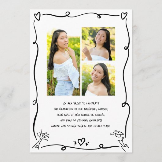 Black White Hand Drawn Doodles Graduation 4 Photo 案内状 (裏面)