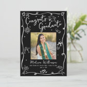 Black White Hand Drawn Doodles Graduation 4 Photo 案内状 (スタンド正面)