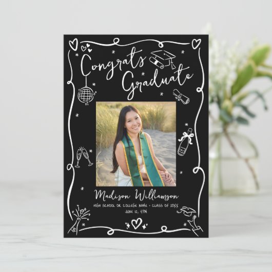 Black White Hand Drawn Doodles Graduation 4 Photo 案内状 (スタンド正面)
