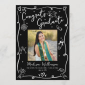 Black White Hand Drawn Doodles Graduation 4 Photo 案内状 (正面)