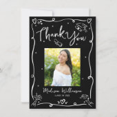 Black White Hand Drawn Doodles Photo Graduation サンキューカード (正面)