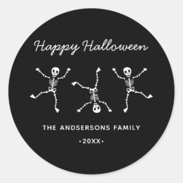 Black & White Hand Drawn Skeleton Happy Halloween ラウンドシール
