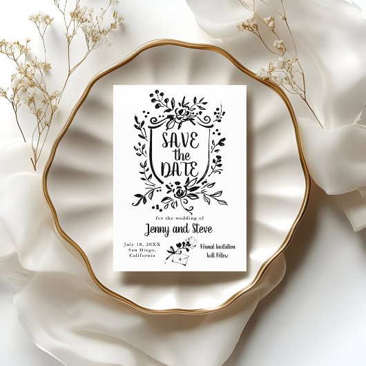 Black & White Hand Drawn Wedding Save The Date 招待状