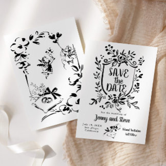 Black & White Hand Drawn Wedding Save The Date 招待状