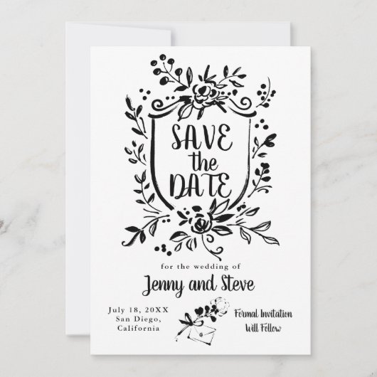 Black & White Hand Drawn Wedding Save The Date 招待状 (正面)
