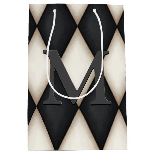 Black & White Harlequin Check Elegant 3-D Monogram ミディアムペーパーバッグ (正面)