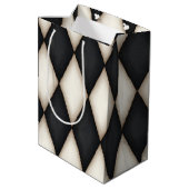 Black & White Harlequin Check Elegant 3-D Monogram ミディアムペーパーバッグ (裏面アングル)