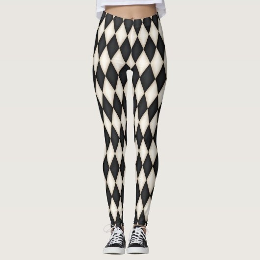 Black & White Harlequin Diamond Check Pattern  レギンス (正面)