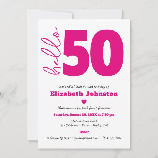 Black White Hot Pink Hello 50 Fabulous Birthday 招待状 (正面)