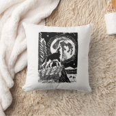 Black & White Howling Husky at Night Linocut クッション (ブランケット)