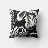 Black & White Howling Husky at Night Linocut クッション (裏面)