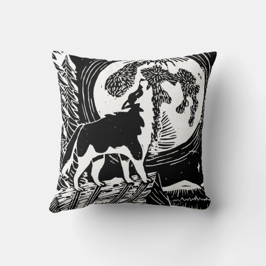 Black & White Howling Husky at Night Linocut クッション (裏面)