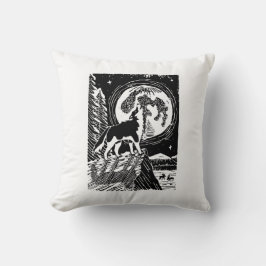 Black & White Howling Husky at Night Linocut クッション