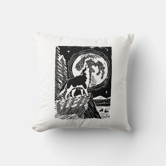 Black & White Howling Husky at Night Linocut クッション (正面)
