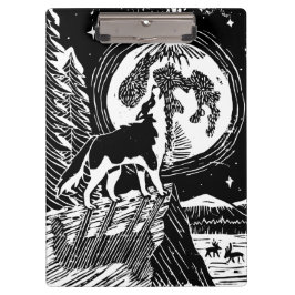 Black & White Howling Husky at Night Linocut クリップボード