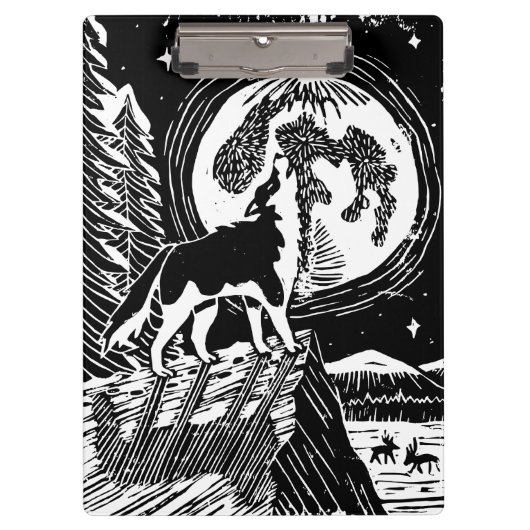 Black & White Howling Husky at Night Linocut クリップボード (正面)
