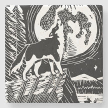Black & White Howling Husky at Night Linocut