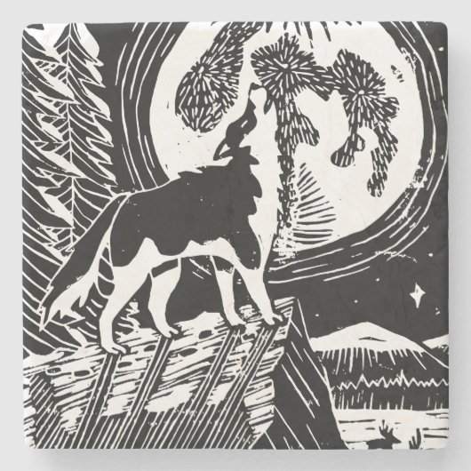 Black & White Howling Husky at Night Linocut ストーンコースター (正面)