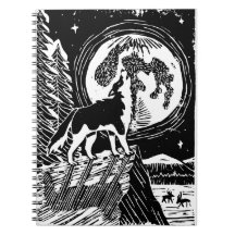 Black & White Howling Husky at Night Linocut