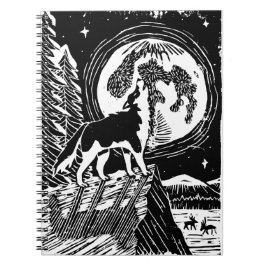 Black & White Howling Husky at Night Linocut ノートブック