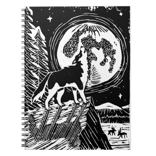 Black & White Howling Husky at Night Linocut ノートブック (正面)