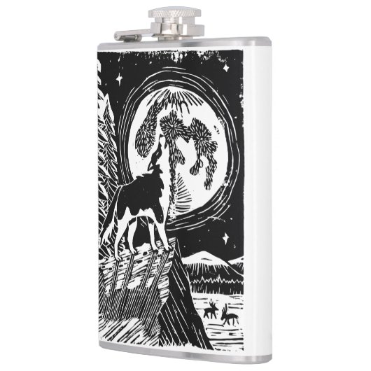 Black & White Howling Husky at Night Linocut フラスク (左)