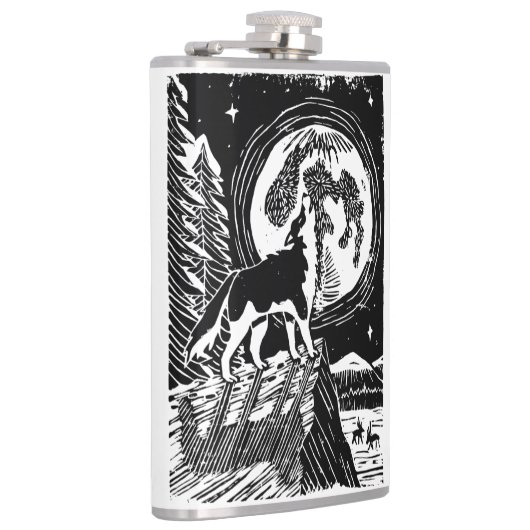 Black & White Howling Husky at Night Linocut フラスク (右)
