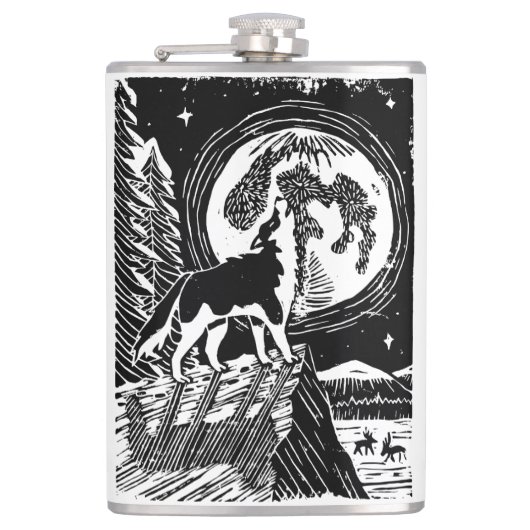 Black & White Howling Husky at Night Linocut フラスク (正面)